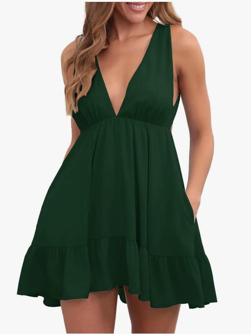 Febriajuce Womens Summer Mini Dress Loose Ruffle Deep V-Neck Backless Strap Solid Casual Short Dresses with Pockets M