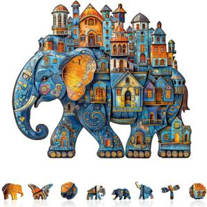 Jigfoxy Wooden Puzzles for Adults, Elephant House Wood Puzzles Adult, Unique Animal Shape Wooden Jigsaw Puzzles for Adults, Birthday Gifts for Puzzle Lovers, Family, Friend (S-8.5 * 7.4in-100pcs)
