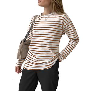 LilyCoco Women's Striped Long Sleeve Shirts Drop Shoulder Tunic Tops Loose Fit White Medium
