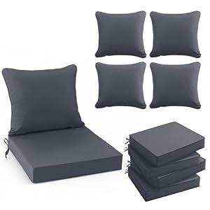 Summsun Outdoor Chair Cushions Set of 4, Waterproof Backrest and Deep Seat Cushion Set for Patio Furniture, Outdoor Sofa Replacement Cushions with Removable Cover, 24 x 24 Inch, Grey, 24*24 + 24*22 Inch