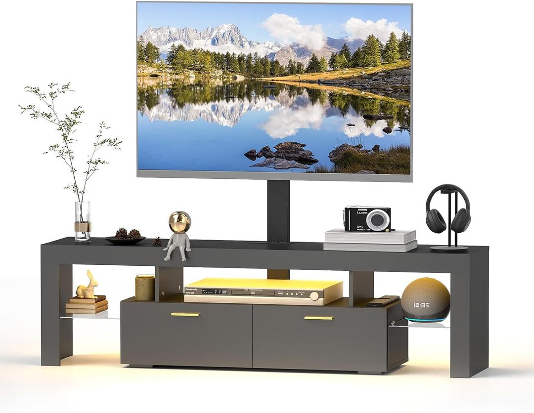 Redkey Modern TV Stand with Mount - TV Console with 2AC Outlets - Television Stands with RGB Led Light for 75 Inch TVs - Double Cabinet - 40Adjustable Amplitude - Black