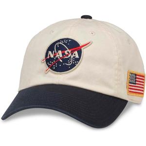 American Needle NASA Officially Licensed United Slouch Baseball Dad Buckle Strap Hat, Ivory/Navy (43570A-NASA)