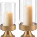 Gold Hurricane Candle Holder with Glass Cylinder Metal Pedestal Candlestick | Decorative Candle Holder for Pillar Candles Elegant Centerpiece for Dining Table Wedding Fireplace Mantel Living Room Home