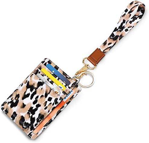 Slim Front Pocket Wallet RFID ID Card Holder Cute Small Wallet with Wrist Lanyards Key Chain Holder for Women,Leopard