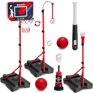 HYES 4 in 1 Kids Basketball Hoop and Tball Set for Toddlers 3-5, Adjustable Hanging Tee Ball Stand with Automatic Baseball Pitching Machine, Indoor Outdoor Sport Toys Birthday for Boys (without scoreboard & LED)