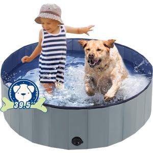 Foldable Dog Bath Swimming Pool Plastic Kiddie Pool Professional Tub Collapsible Grooming Bathtub for Pets Kids Baby and Toddler, 39.5 x 12 Inches Gray