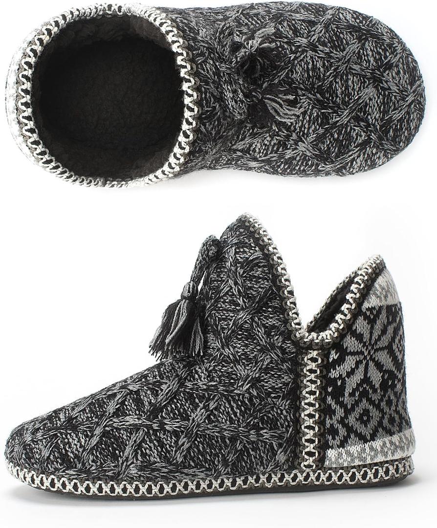The Metluks Women's Cozy Knit Slipper Boots Memory Foam Non-slip Indoor Outdoor Warm House Booties (7-8, Nordic Black)