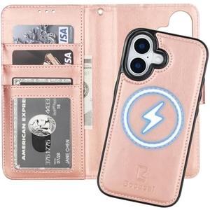 Bocasal for iPhone 17 Wallet Case Compatible with MagSafe Wireless Charging, RFID Blocking Magnetic Leather Case with Card Slots Holder Kickstand Detachable Wrist Strap 6.3 Inch (Rose Gold)