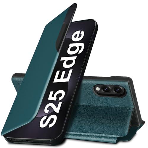 S25 Edge Flip Case for Samsung Galaxy S25 Edge 5G Case, Clear View Slim Fit Leather Cover for Samsung S25 Edge Phone Case with Kickstand Rugged Heavy Duty Shockproof Bumper Shell, 6.66 Inches (Green)