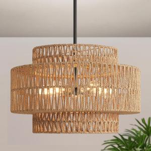 20.2"-55.6" Height Adjustable Boho Rattan Chandelier for Dining Room Light Fixture, 5-Light Hand Woven Wicker Pendant Light Fixture, Farmhouse Rustic Hanging Black Chandelier for Dining Room, Kitchen