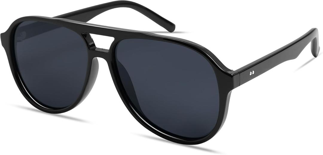 Polarized Square Aviator Sunglasses for Women Mens 70s Retro Double Bridge Sunnies AP3654 (C1 Black/Grey)