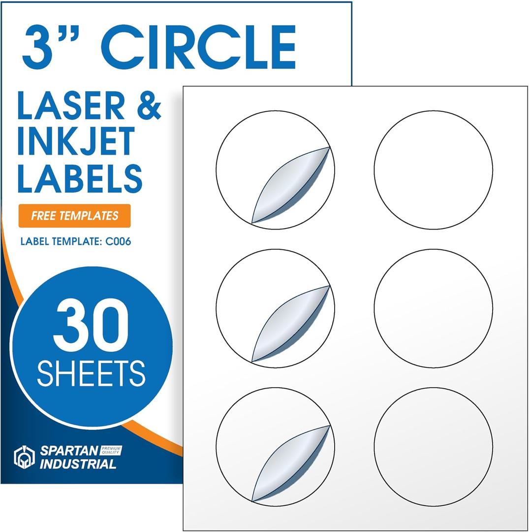 3" Circle Printable Labels Compatible with Inkjet and Laser Printers - 30 Sheets, 180 Matte White Round Stickers for Product Labeling, Organization, and Custom Tags - Spartan Industrial