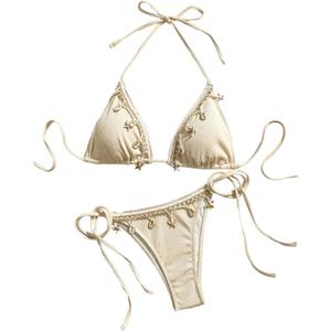 Verdusa Women's Sexy Halter Triangle Tie Side Bikini Set Ribbed Swimsuits 2 Piece Bathing Suit (Large, Beige)