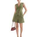SUUKSESS Women's Summer 2 Piece Sets Button Down V Neck Vest Pockets Shorts Sets(Army Green, S)