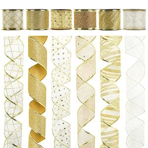MEEDEE White and Gold Ribbon for Christmas Tree 2.5 Inch 6 Rolls 36 Yards Christmas Ribbons Gold Ribbons for Christmas Tree Decoration Garland Wire Mesh Ribbon for Wreaths