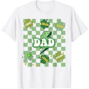 Mens Lucky Dad Conversation Shamrocks Pattys Day Groovy T-Shirt (Small)