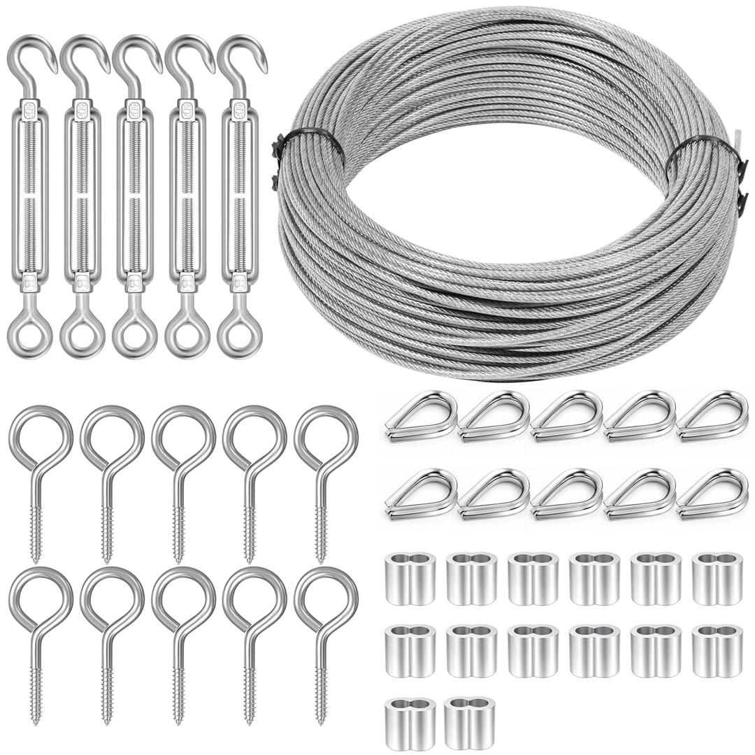 Dpyrrhic Turnbuckles for Cables Wires, 100Ft 1/16 Inch Stainless Steel Vinyl Coated Wire Trellis Kit,M5 Turnbuckle Tension Kit for Cable Railing Clothesline DIY Balustrades,String Lights Hanging