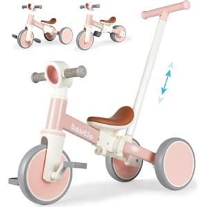 Bautia Kids Tricycle for Toddlers 1-3 with Push Handle, 5 in 1 Baby Balance Bike Toy for 1-4 Years Old Boys Girls Gift with Removable Pedals (No Parent Steering Version) (Peach)