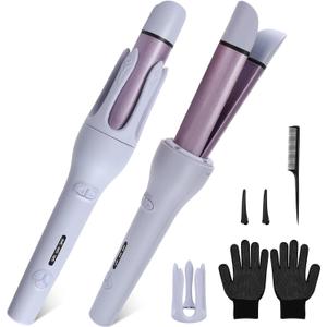 Automatic Hair Curler, Auto Curling Iron for Kids Beginners, 2-in-1 Hair Styling Tool Flat Iron & Curler, 3 Temp Settings, 10s Timer, Ceramic Coating, Dual Voltage, Includes Comb, Gloves & Hair Clips