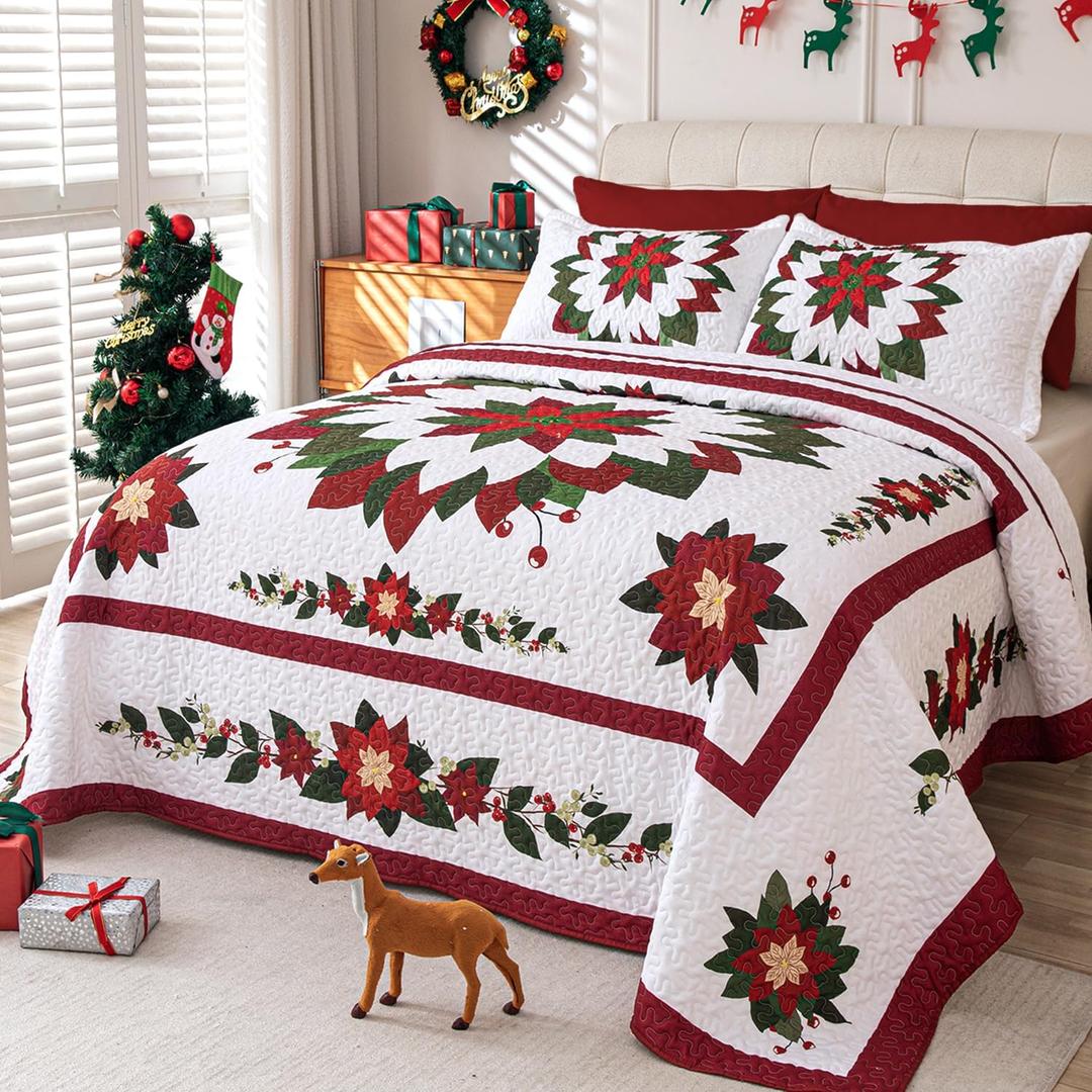 Cmfshape 3 Piece Christmas Quilt Bedspread, Queen Size Christmas Flower Themed Bedding, Reversible Christmas Comforter Coverlet with 2 Pillow Shams(92"x96")