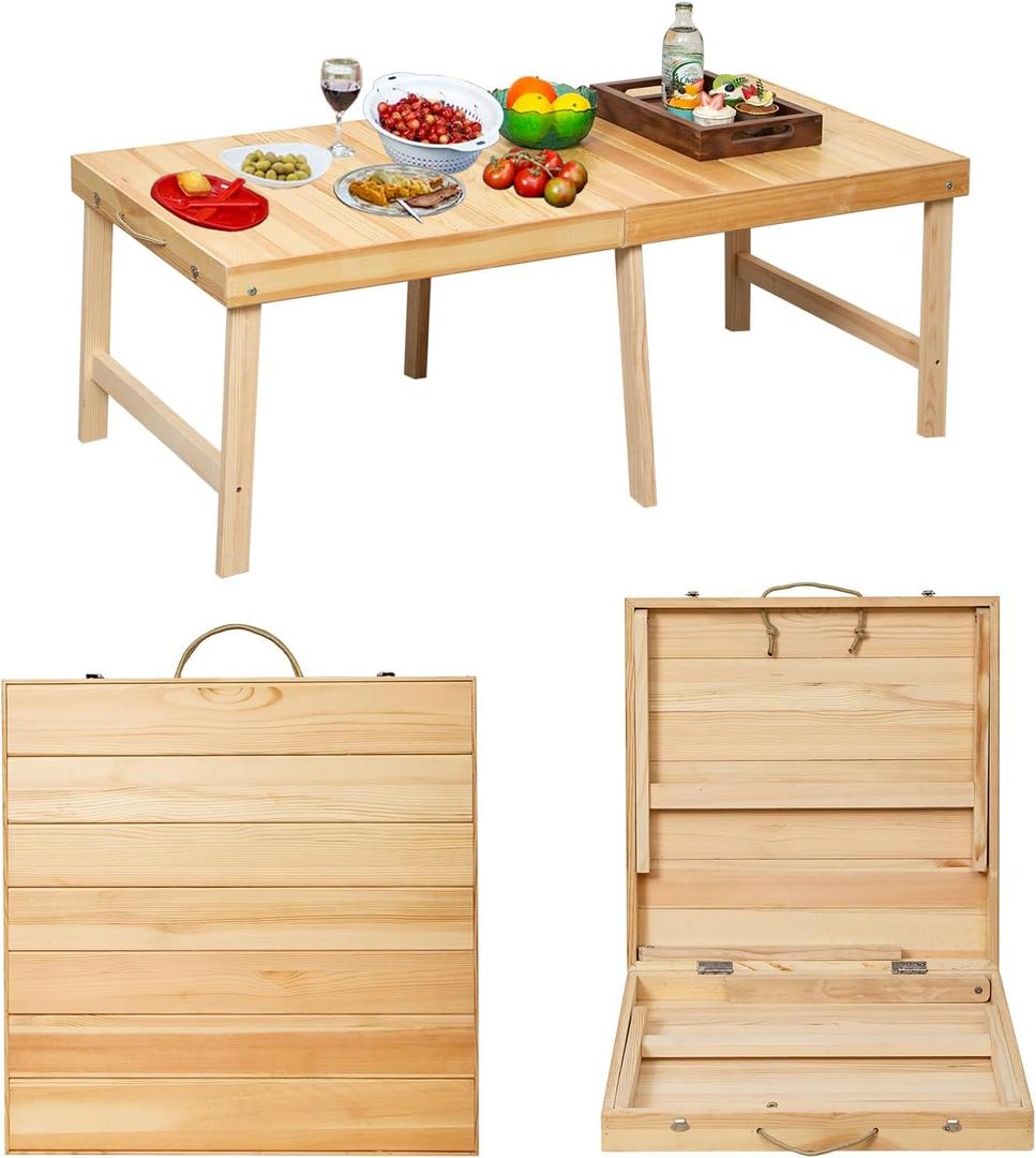 Foldable Boho Wooden Picnic Table, No Assembly Required Portable Outdoor Indoor Low Picnic Table for Floor Seating, Beach, Camping, BBQ, Backyard, 48" x 24", Seats 46 People