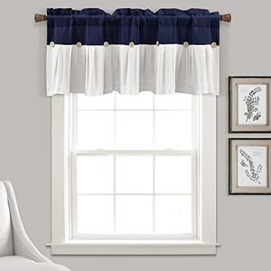 Lush Decor Linen Button Farmhouse Valance Curtians 52"W x 18"L Navy & White - Linen Valances For Windows - Kitchen Curtains Valances - Bathroom Curtain
