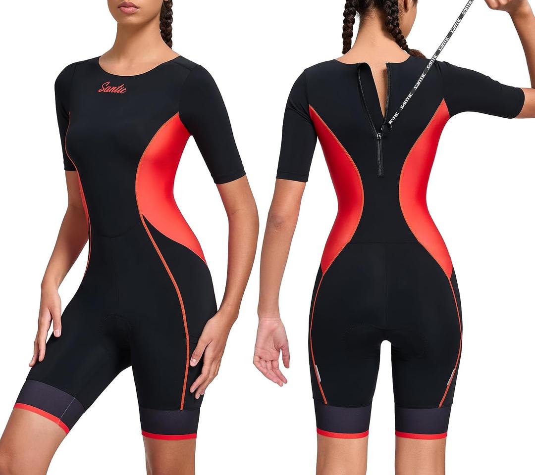 Santic Triathlon Suit for Women Short Sleeve Padded Trisuit Quick-Dry for Swim Bike Run, M