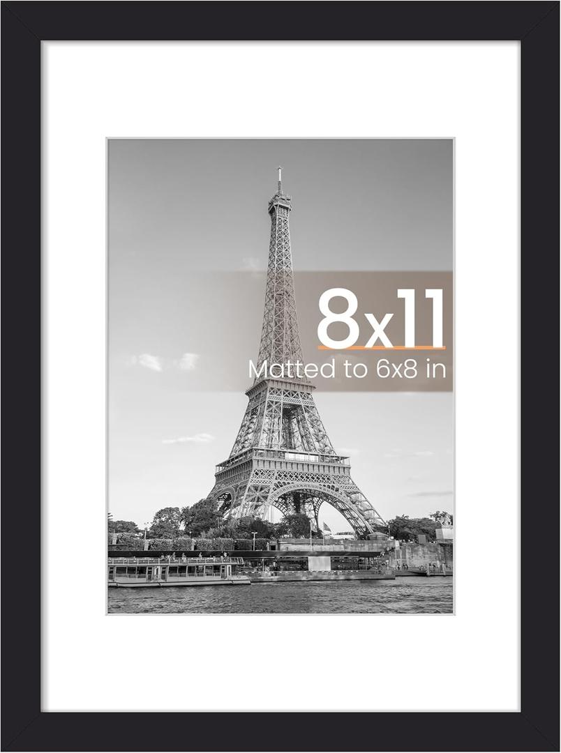 upsimples 8x11 Picture Frame, Display Pictures 6x8 with Mat or 8x11 Without, Wall Hanging Photo Frames, Black, 1 Pack