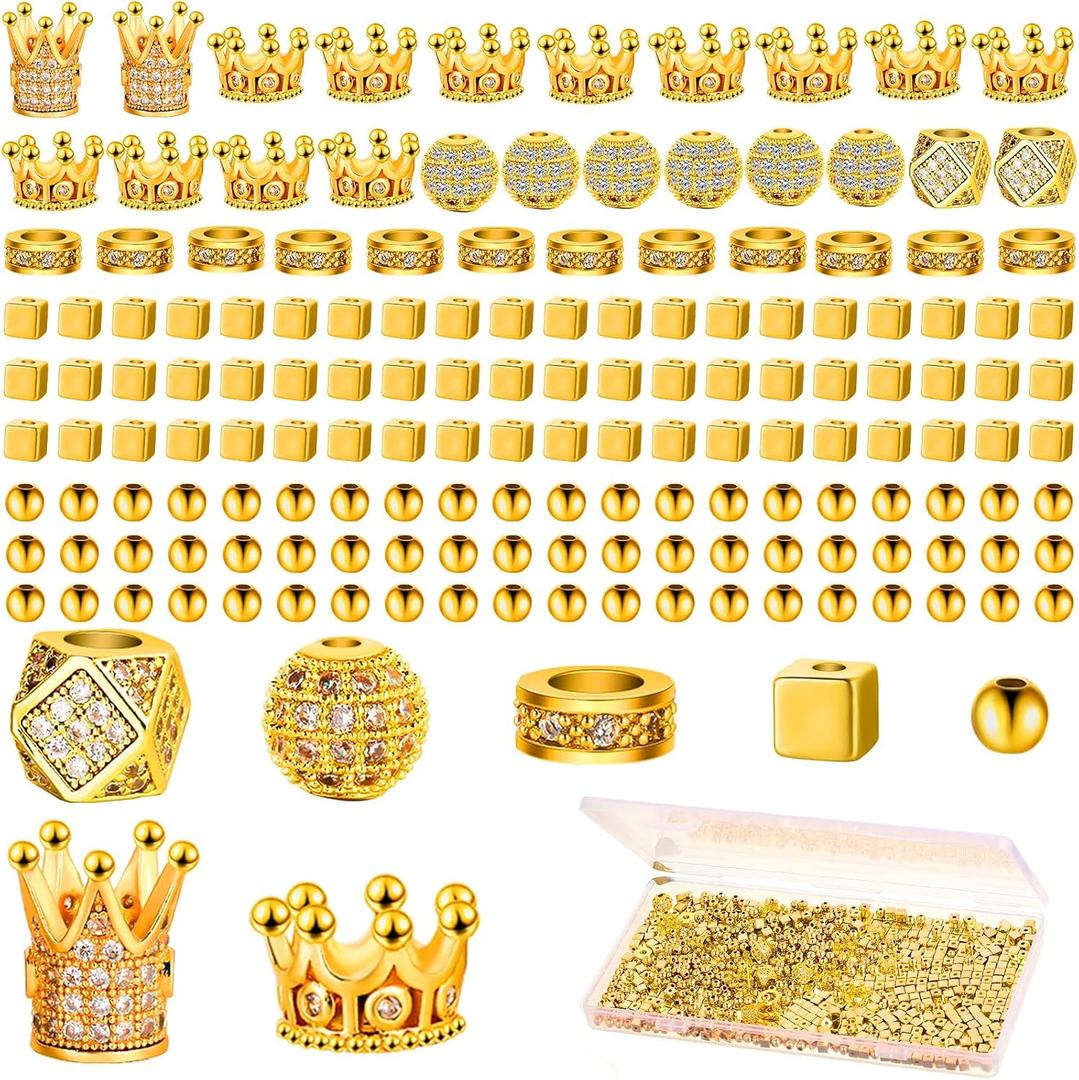 1034 Pieces King Crown Charm Rhinestone Bead Round Ball Zircon Bead Hexagon Big Hole Spacer Diamond Cutting Cube for DIY Chain Bracelet Jewelry Making(Gold)
