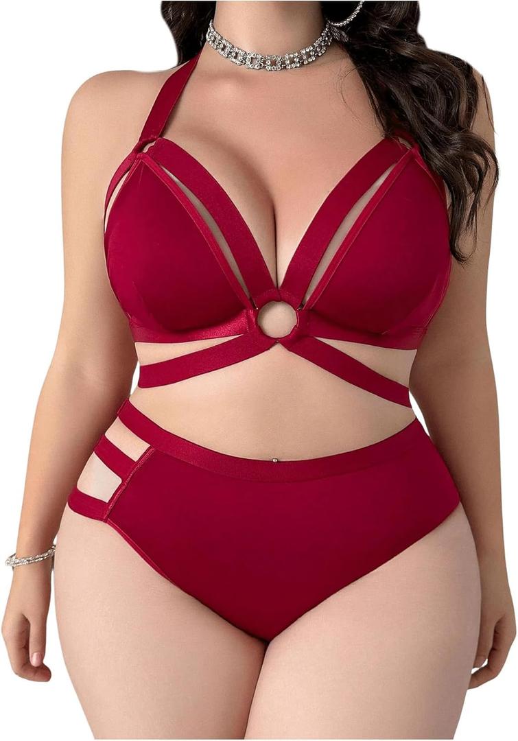 SOLY HUX Women's Plus Size Cutout Sexy Lingerie Set 2 Piece Matching Bra And Panty Sets (XX-Large Plus, Pure Burgundy)