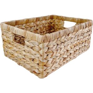 Large Rectangular Handwoven Wicker Basket - Natural Water Hyacinth Storage Baskets with 2 Built-in Handles - Ideal for Towel, Blankets, and Home Organizer & Decor - 16.5"x13"x7.50" - Brown