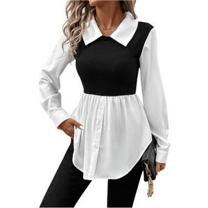 MakeMeChic Women's Color Block Rib Knitted Collar Long Sleeve 2 in 1 Shirt Blouse Peplum Tops Black and White, Small