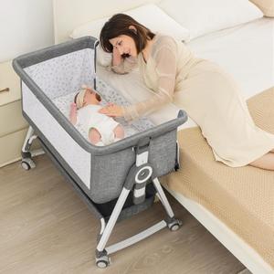 Baby Bassinet, Portable Bedside Bassinet, Twin-Friendly, 4-in-1 Bedside Crib with Waterproof Mattress, Adjustable Height & Locking Wheels for Newborns, Grey