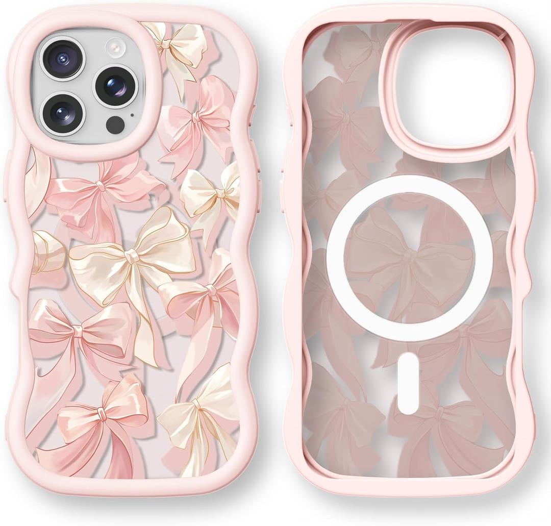 Bouvardia for iPhone 16 Pro Max Case - Pink Wavy Shockproof Frame & Pink Bow Dance Pattern - Compatible with Magsafe - Anesthetic Cute Design for Women and Girls