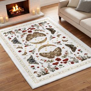 Artoid Mode White Poppy Moth Mushroom Moon Area Rug, Fall Home Decor Low-Profile Washable Large Rug for Living Room Bedroom Farmhouse Dining Room Kids Playroom 5x7 Feet