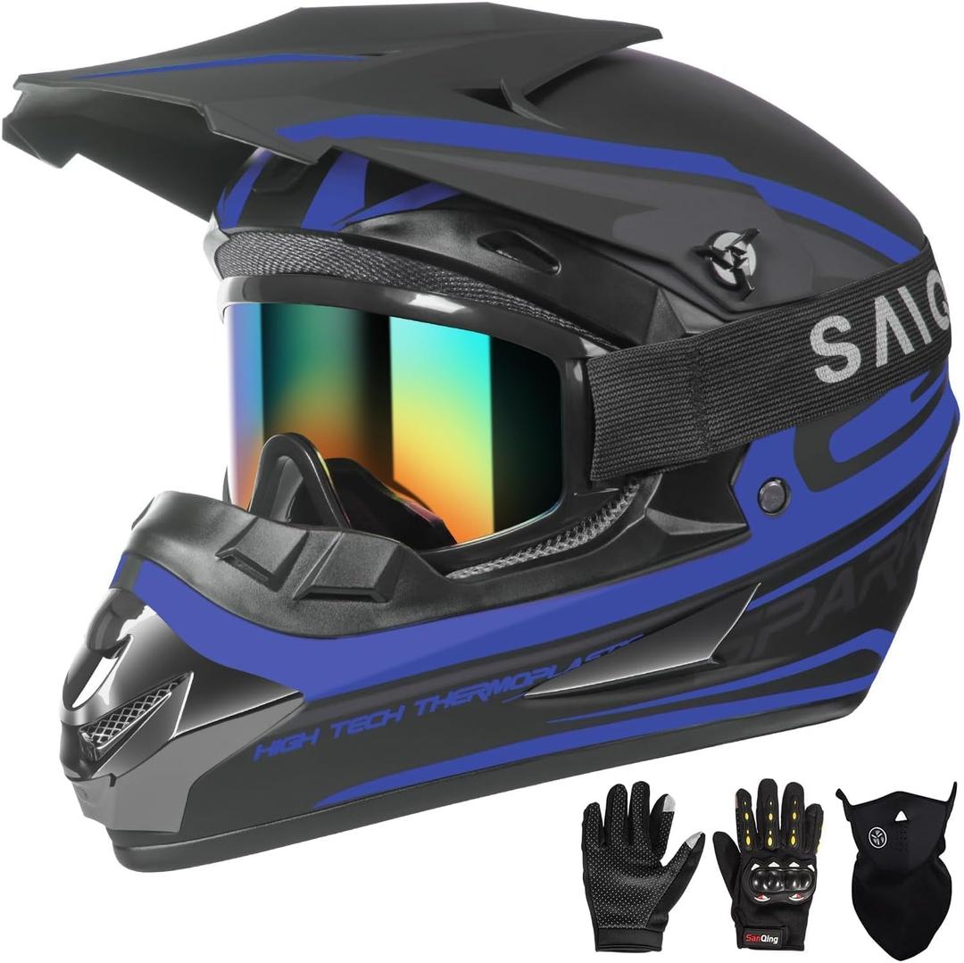 Youth Kids Motocross Helmet, Adult ATV Dirt Bike Helmet, Off-Road BMX 4-Wheeler Full Face Motorcycle Helmet W/Goggles Gloves & Mask, DOT Approved, Purple Blue, S