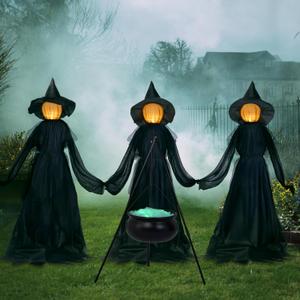 JOYIN 5 FT Halloween Witch Decorations Outdoor, Set of 3 Light Up Holding Hands Witches with Cauldron Yard Stakes, LED Witch Cauldron on Tripod for Graveyard Yard Lawn Party Haunted House Decor