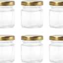 1.5oz 6Pack Mini Glass Hexagon honey Jars Gold Lids, Jam Honey DipperWedding FavorsBaby FoodCandleCrafts Canning JarGlasses jar (Golden)
