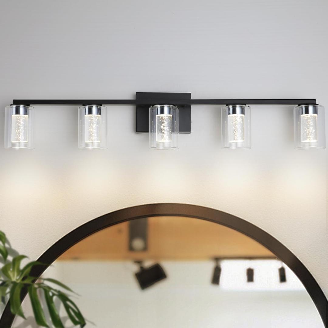 5-Light Black Bathroom Light Fixtures, Dimmable Vanity Light with Clear Glass Shade, Crystal LED Bathroom Lights Over Mirror for Bedroom, Living Room, Hallway, Farmhouse
