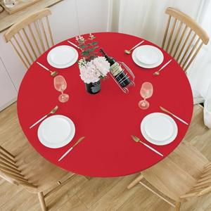 NLMUVW Red Round Vinyl Tablecloth with Flannel Backing Elastic Edge, Christmas PVC Table Cloth Holiday Decorative 100% Waterproof Wipe Clean Table Cover for Party, 36"- 44"