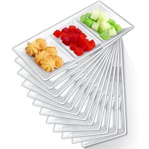Ziliny 3 Section Serving Tray Bulk Serving Dish Compartment Appetizer Tray Plastic Dessert Platter Rectangular Divided Bowls Disposable Plate for Snack Desserts Fruit, 15 x 7 in (Clear,20 Pcs)