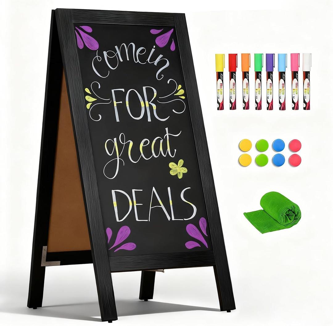 4 THOUGHT A-Frame Double-Sided Magnetic Chalkboard 40"x20", Solid Pine Wood Freestanding Sandwich Board for Restaurants, Cafes, Weddings (Black)