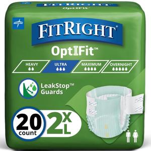 FitRight OptiFit Ultra Adult Diapers, Disposable Incontinence Briefs, Leak-Proof Diaper, Absorbent Briefs For Men and Women, Maximum Protection, 2XL, 60  70 in, 20 briefs per bag