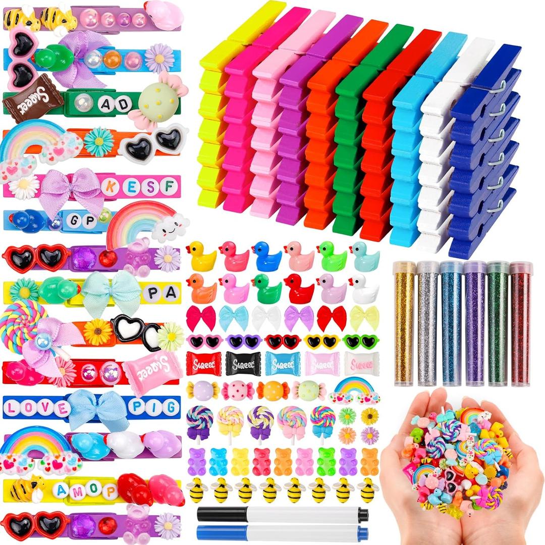80 Set Cheer Pins Spirit Clips Clothes Wooden Pins for Backpacks Include 90 Mini Resin Animals 30 Mini Bows 500 Beads Cheer Clothespins Decorations Ribbon Team Classroom Cheer Gifts BulkColorful