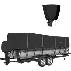 Tuszom 1200D Solution-Dyed Trailerable & Mooring Pontoon Boat Cover with 14+4 Windproof Straps, Waterproof Tear-Resistant 25-28ft Boat Cover with Motor Cover for Pontoon (Length:25'-28' Beam Width: up to 102", black)