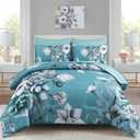 Luxudecor Floral Comforter Set King Size 7 Piece, Teal Blue Flower Bed in a Bag, Elegant Comforter Bedding Set for All Season (Teal Blue, 104"x90")