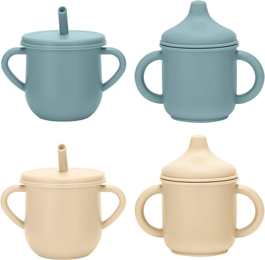 Silicone Toddler Cups Set, 2 Straw Cups and 2 Sippy Cups for 6+ Months Baby, Leakproof Spillproof Training Cups with Handles, Easy Clean (Blue+Beige), 3.6 inches x 3 inches