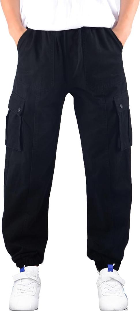Boys Cargo Pants Elastic Waist Twill Joggers Pull on Casual Trousers for Kids (10-11 Years, Black)