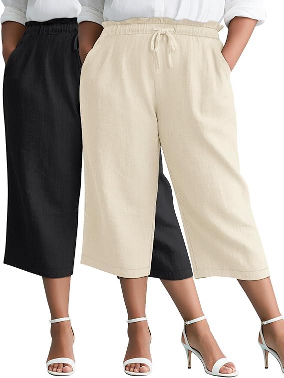 Evervibe 2 Pack Linen Capri Pants for Women 5XL High Waist Drawstring Pockets Casual Cropped Trousers 