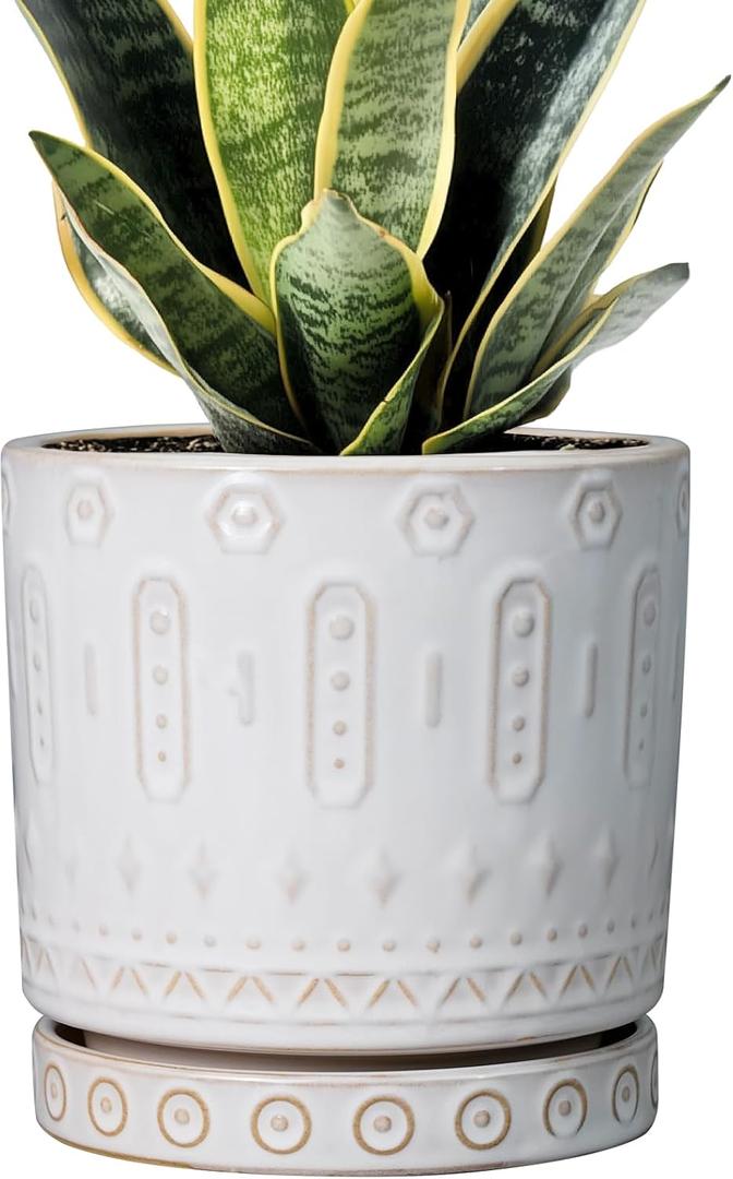 Pot for Plants 6 Inch - Ceramic Planter for Indoor Plants Decorative Plant Pot with Drainage Holes and Saucer Outdoor Flower Pot Modern Succulent Pots for Office Desk Decor White